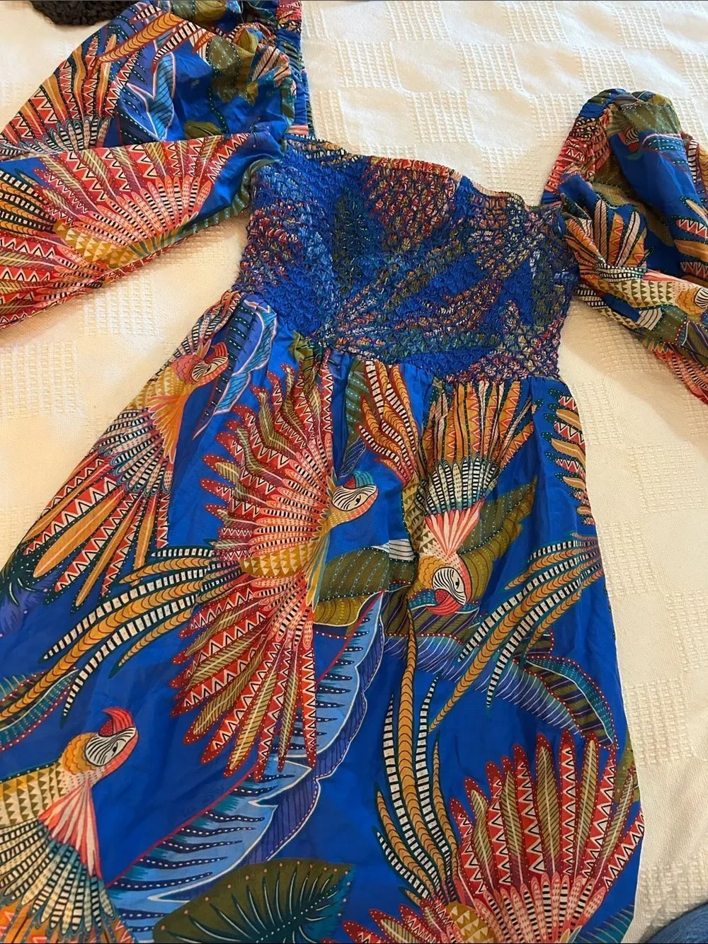 FARM Rio Macaw Flight Mini Dress featuring a smocked bodice size extra small